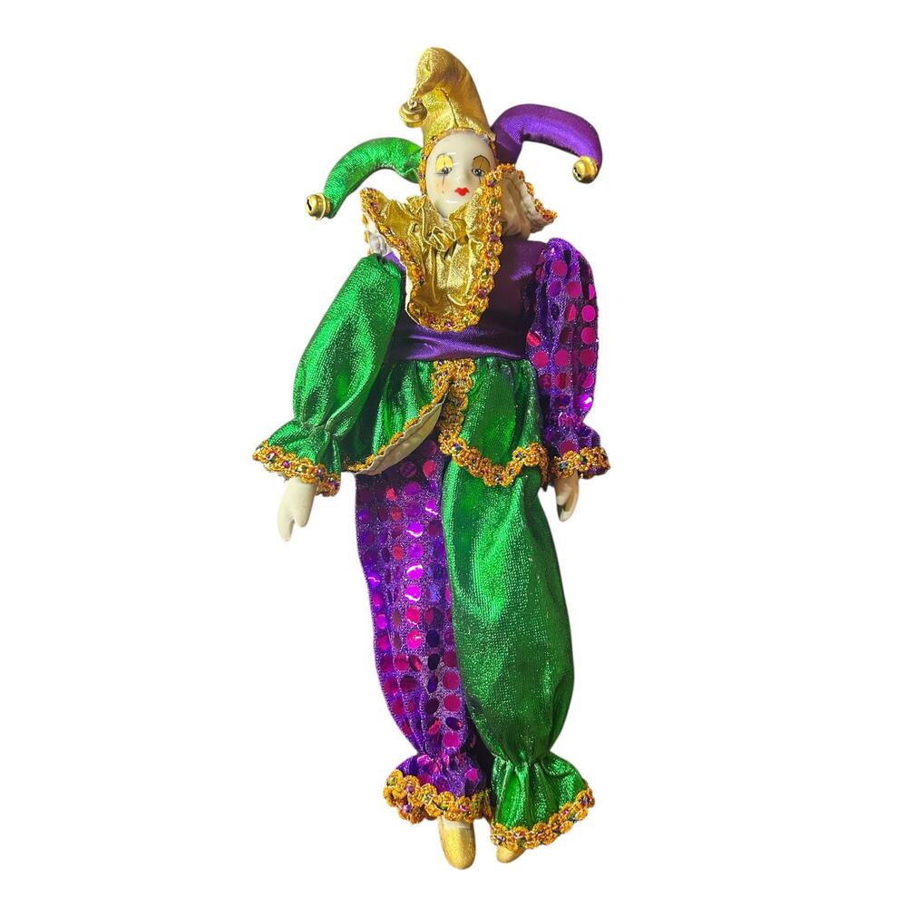 Vintage 90s Mardi Gras Porcelain Jester Doll - Purple, Green & Gold